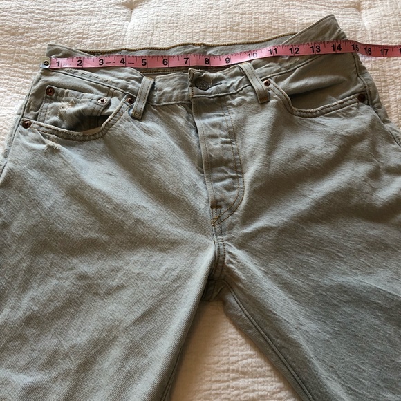 Levi’s 501 Light Wash Distressed Straight Jeans with Patches - Picture 12 of 17